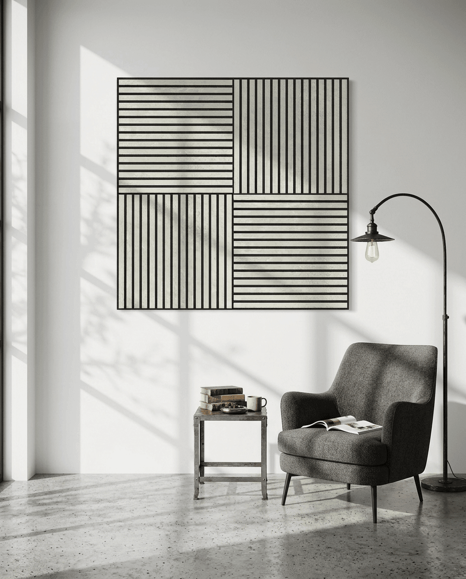 A reading nook featuring a gray armchair, books, abstract art, and a WoodUpp Akupixel Oxide White acoustic panel mounted on the wall for comfort and sound absorption.